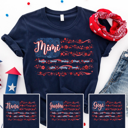 Mimi Floral American Flag Shirt, Custom Grandkids Name Tee, Patriotic Grandma Gift for Nana Mimi Great Grandma