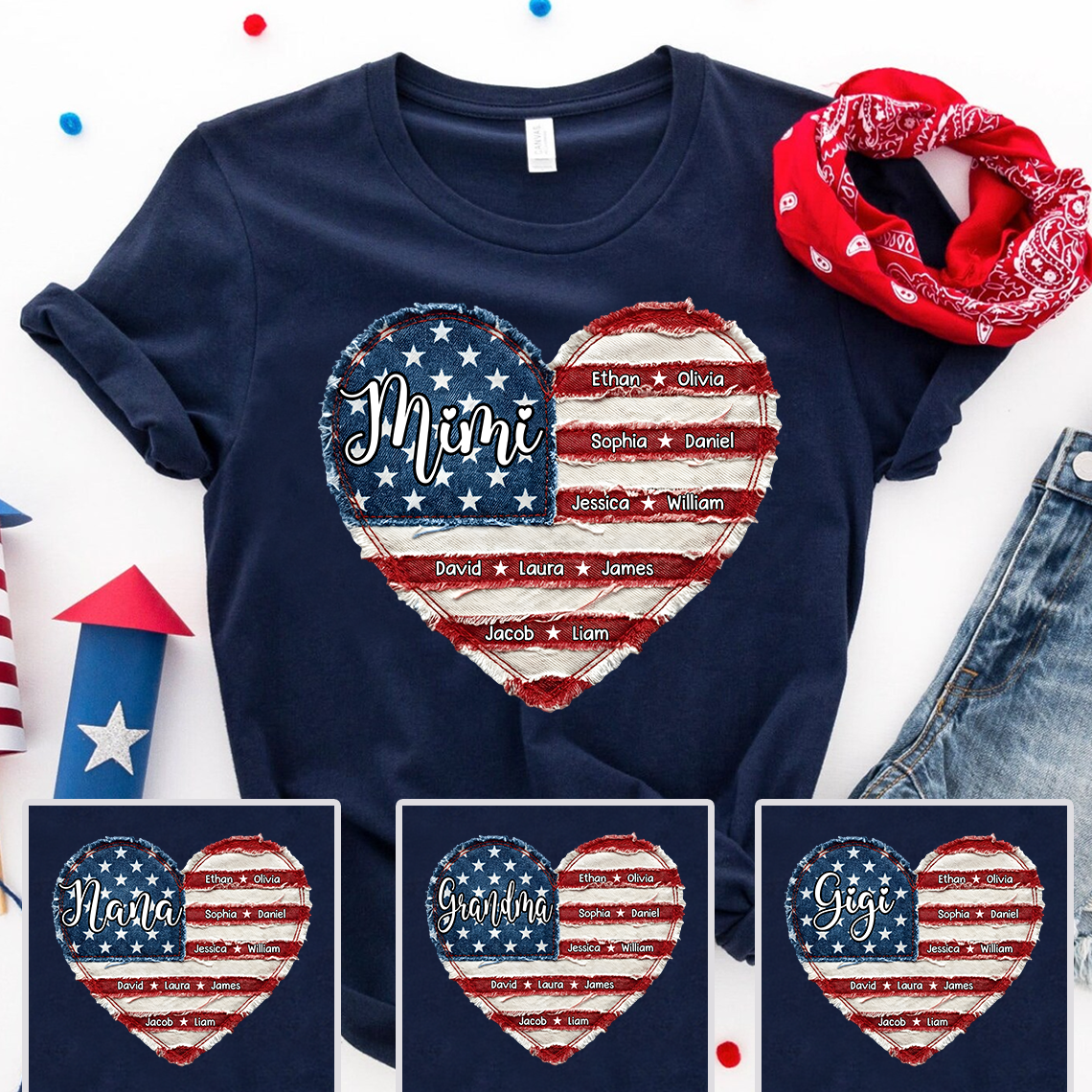 Personalized Mimi Shirt, Custom Family Names T Shirt, American Flag Heart Design, Patriotic Gift for Mimi