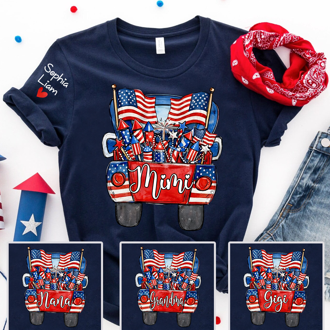 Personalized Mimi Shirt, Patriotic Truck Fireworks Design, Custom Name Sleeve, Fourth of July Shirt, Independence Day Family Outfit