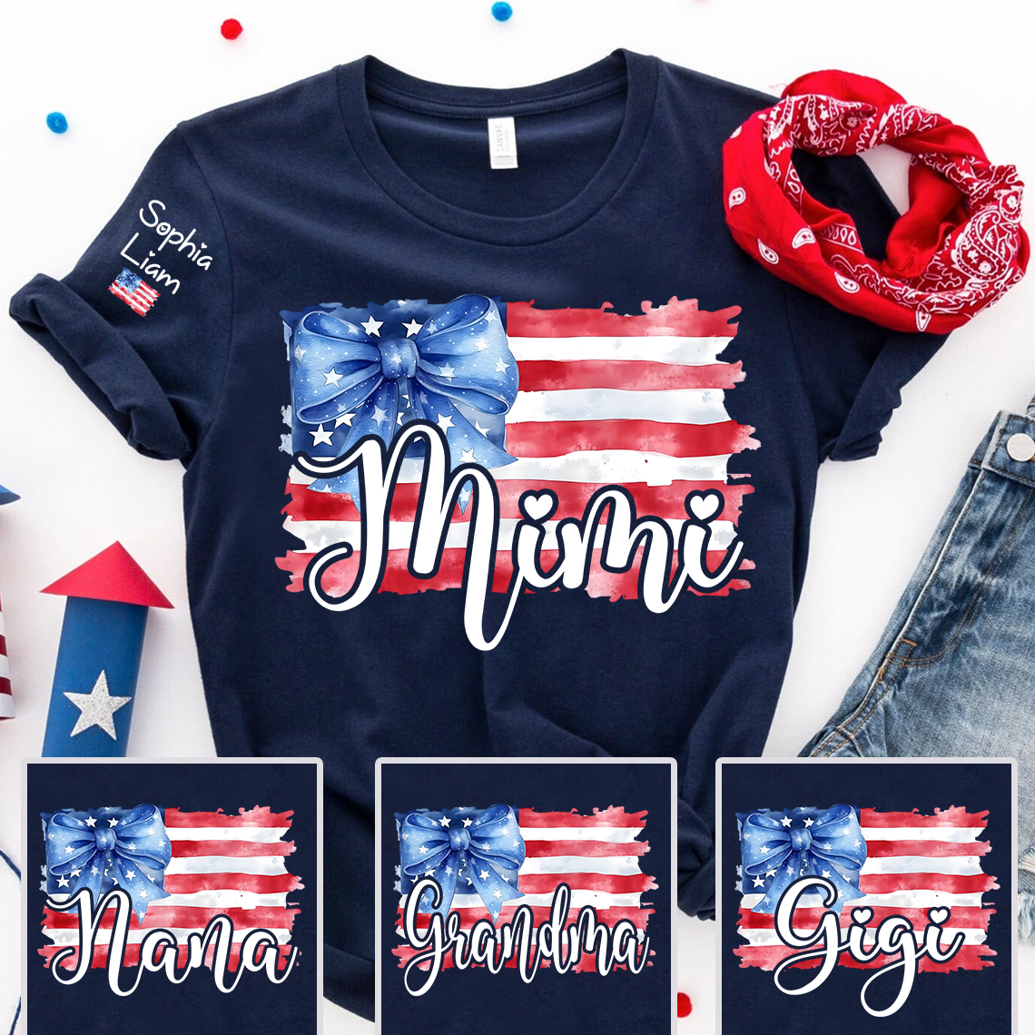 Personalized Mimi American Flag T Shirt with Blue Bow, Custom Mom Gift for Independence Day