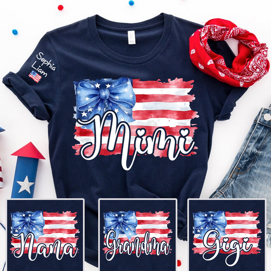 Personalized Mimi American Flag T Shirt with Blue Bow, Custom Mom Gift for Independence Day