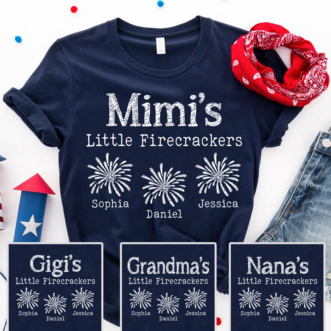 Mimi's Little Firecrackers Personalized T Shirt with Custom Kids' Names, Perfect for Independence Day