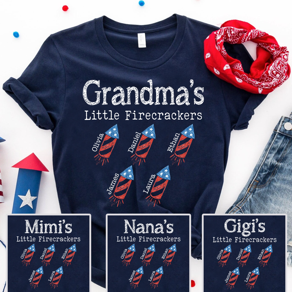 Custom Grandma Little Firecrackers T Shirt, Personalized Kids Names, Patriotic Firework Rockets Graphic, July 4th Family Matching Apparel