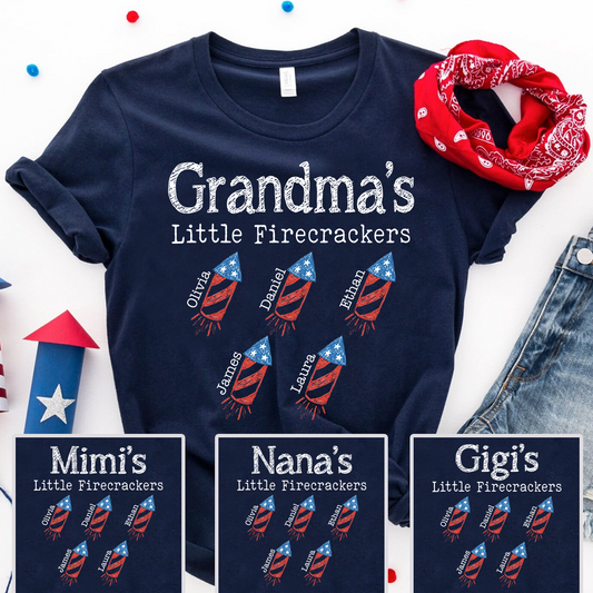 Custom Grandma Little Firecrackers T Shirt, Personalized Kids Names, Patriotic Firework Rockets Graphic, July 4th Family Matching Apparel
