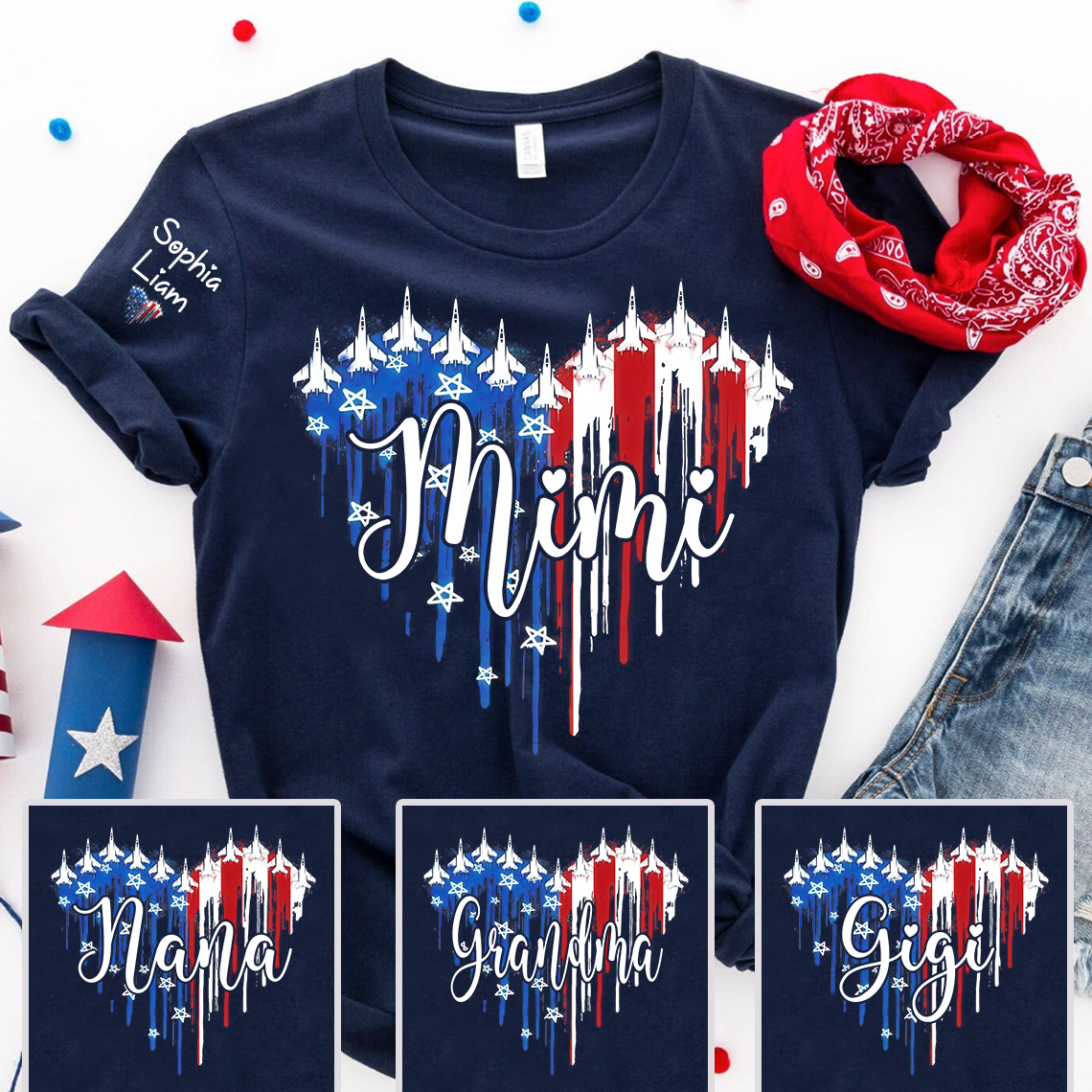Custom Mimi Shirt with Dripping Flag, Personalized Family Names, American Flag Design, Patriotic Gift for Mimi