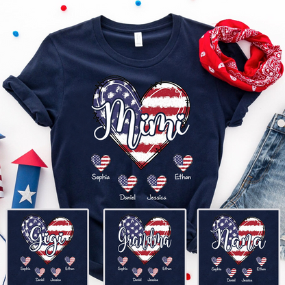 Custom Mimi Shirt with Grandkids Names American Flag Heart Design Personalized Family Name Tee