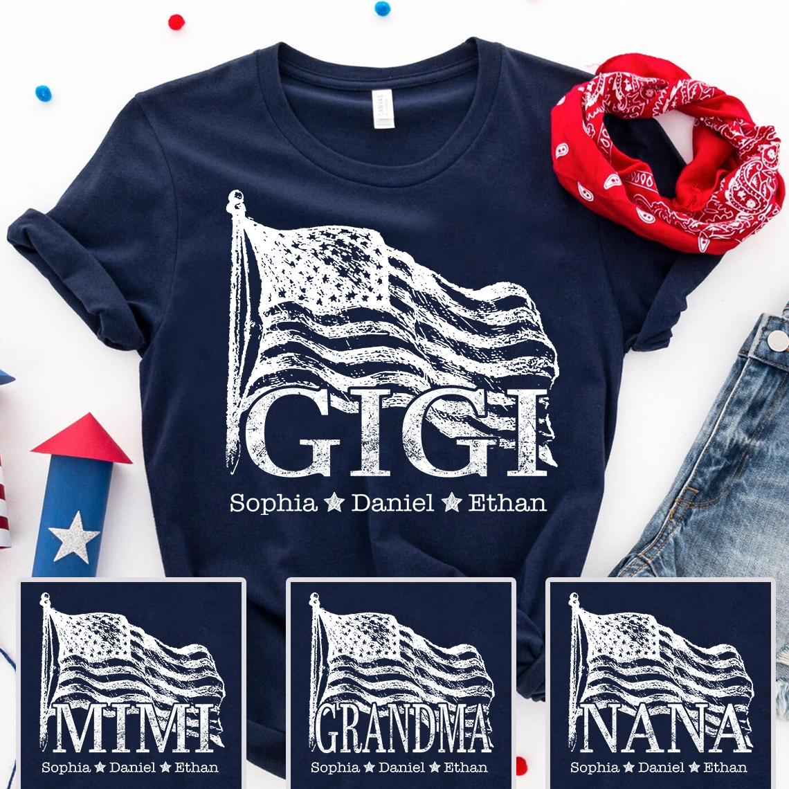 Gigi USA Flag T shirt, Personalized with Kids' Names, Custom Family Shirt for 4th of July