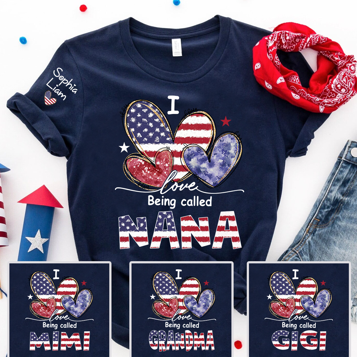 I Love Being Called Nana Shirt, Patriotic Nana T-Shirt with American Flag Hearts, Fourth of July Gift for Grandma