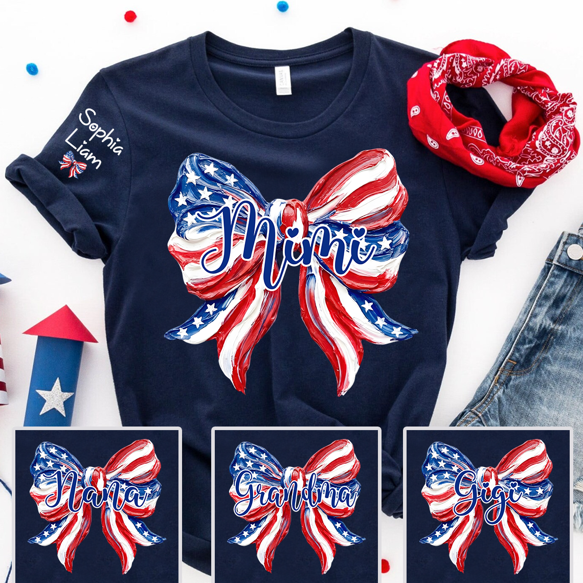 Personalized Mimi Patriotic Bow Shirt, Custom Grandma Tee with Kids Names, Fourth of July Gift for Nana Gigi Women