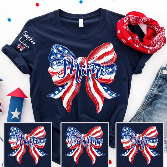 Personalized Mimi Patriotic Bow Shirt, Custom Grandma Tee with Kids Names, Fourth of July Gift for Nana Gigi Women