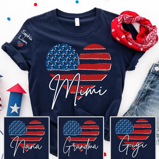Personalized Mimi Shirt, American Flag Heart Design, Custom Name, Patriotic Fourth of July T Shirt, Independence Day Outfit