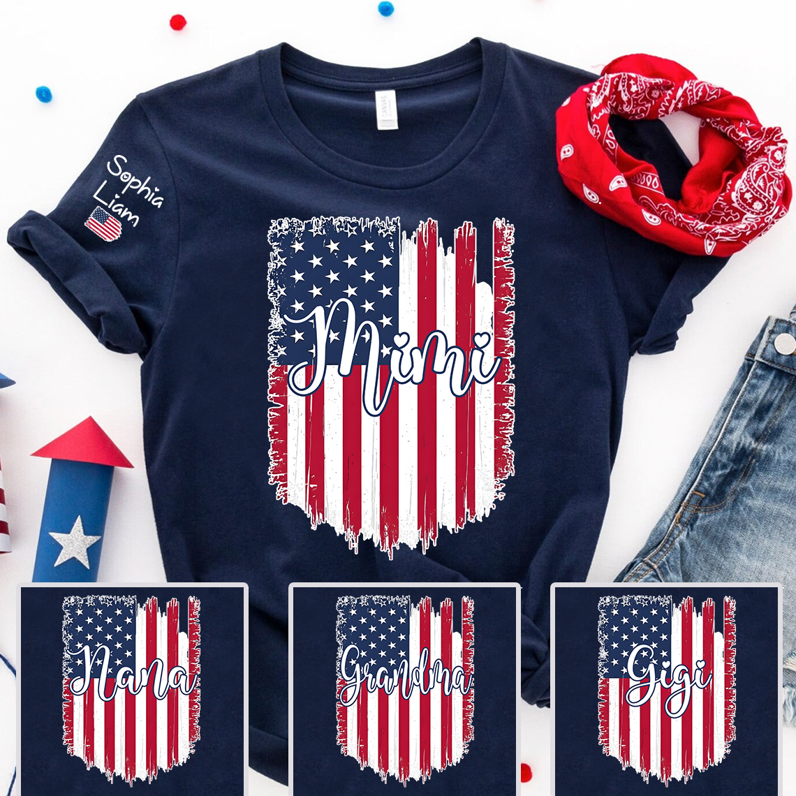 Personalized Mimi Shirt, American Flag Design, Custom Name, Patriotic 4th of July Shirt, Independence Day Family Tee