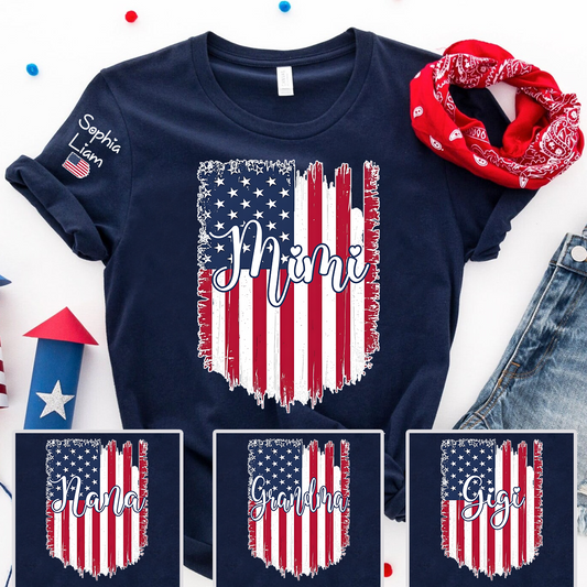 Personalized Mimi Shirt, American Flag Design, Custom Name, Patriotic 4th of July Shirt, Independence Day Family Tee