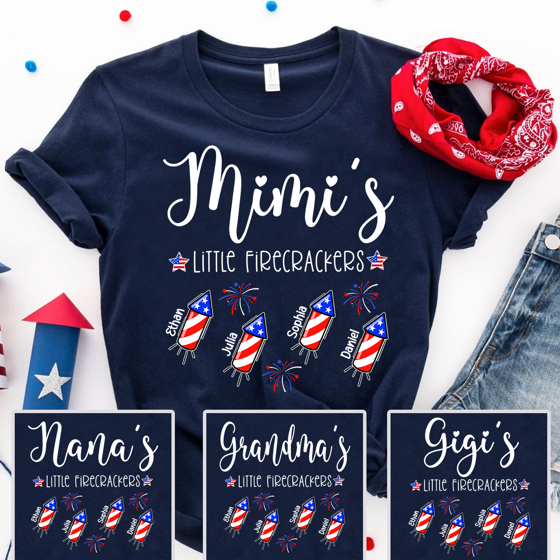 Custom Mimi Little Firecrackers Shirt, Children Names Personalized, Patriotic Stars Rockets Graphic, Family Matching Independence Day Apparel