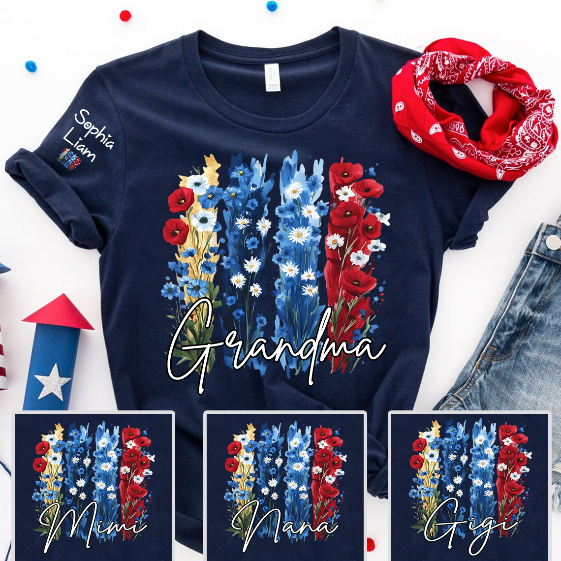 Personalized Grandma Shirt with Floral Design, Custom Grandma Gift, Perfect Mother's Day, 4th of July T Shirt