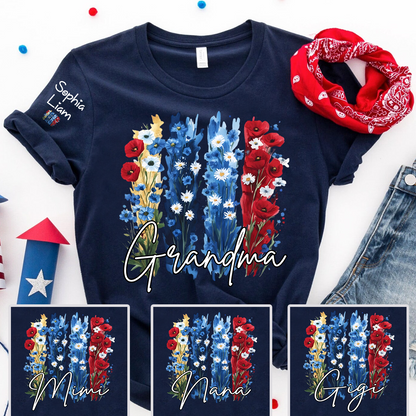 Personalized Grandma Shirt with Floral Design, Custom Grandma Gift, Perfect Mother's Day, 4th of July T Shirt