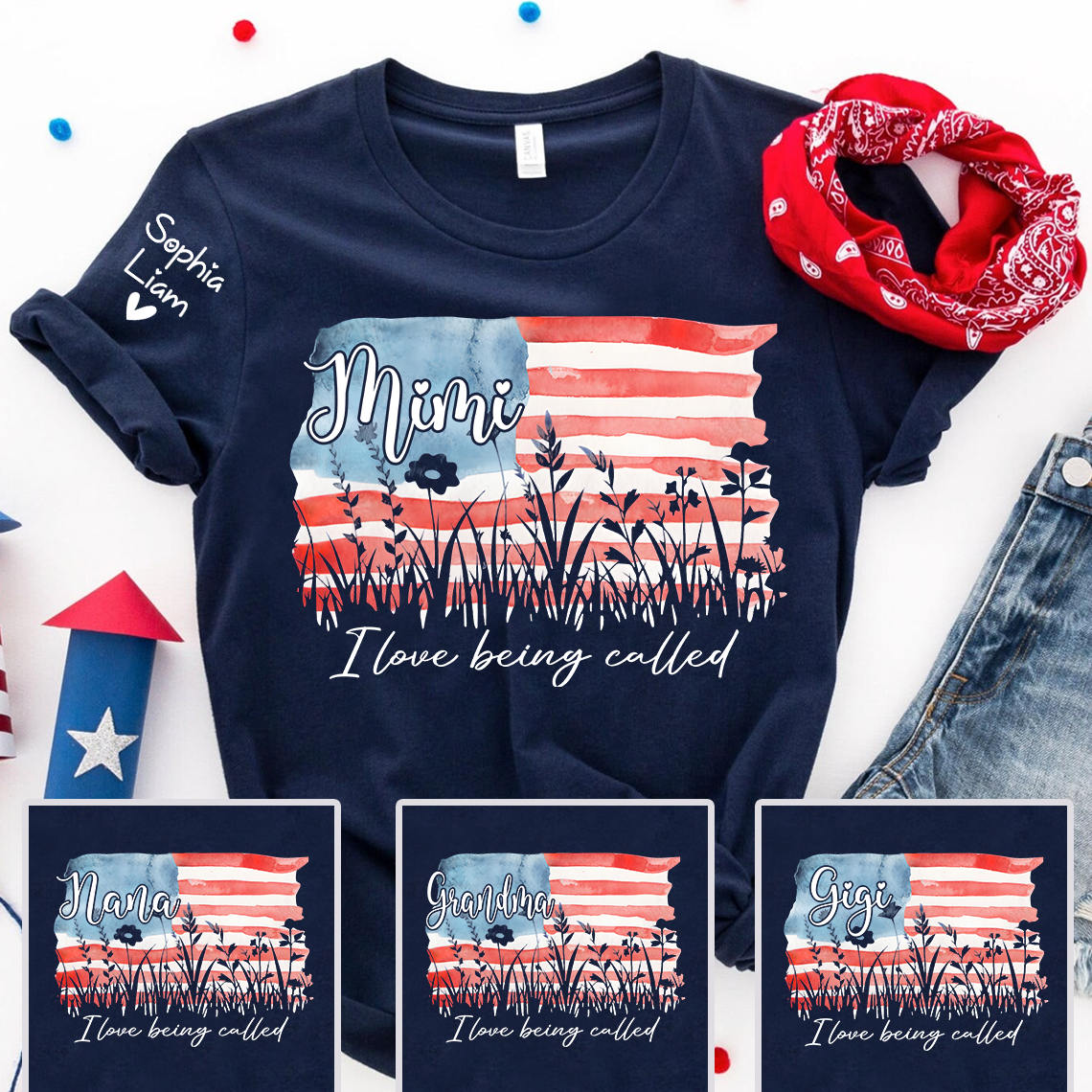 I Love Being Called Mimi Shirt, Personalized Grandma Tee with Sleeve Names, Patriotic Gift for Mimi, Family Matching Shirt
