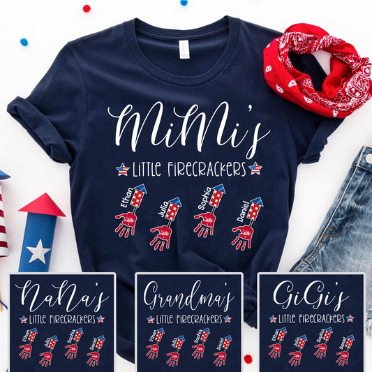 Personalized Mimi's Little Firecrackers T Shirt, Custom Grandchildren Names with Firework Handprint Design