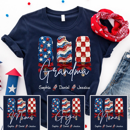 Personalized Grandma Patriotic Popsicle Shirt, Custom Grandma 4th of July T Shirt with Kids Names, Family Summer Gift