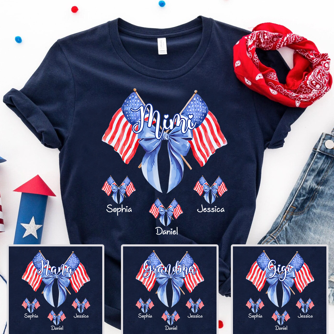 Personalized Mimi Patriotic Shirt with Kids Names, Custom Grandma American Flag Bow T Shirt for 4th of July Family Gift