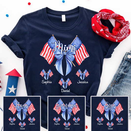Personalized Mimi Patriotic Shirt with Kids Names, Custom Grandma American Flag Bow T Shirt for 4th of July Family Gift