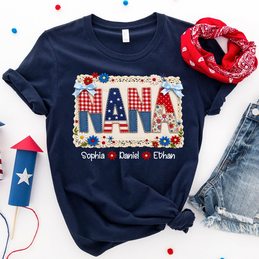 Personalized Nana Shirt, Patchwork Patriotic Design, Custom Kids Names, Independence Day T Shirt, Fourth of July Family Outfit
