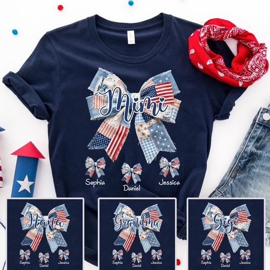 Custom Mimi Tee with Children’s Names, Patriotic Patchwork Bow Shirt, Perfect Gift for Grandma Holidays or Birthday