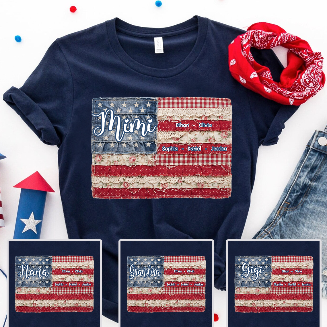 Personalized Mimi Shirt with Kids Names Patriotic American Flag Patchwork Design Custom Gift for Mom Grandma