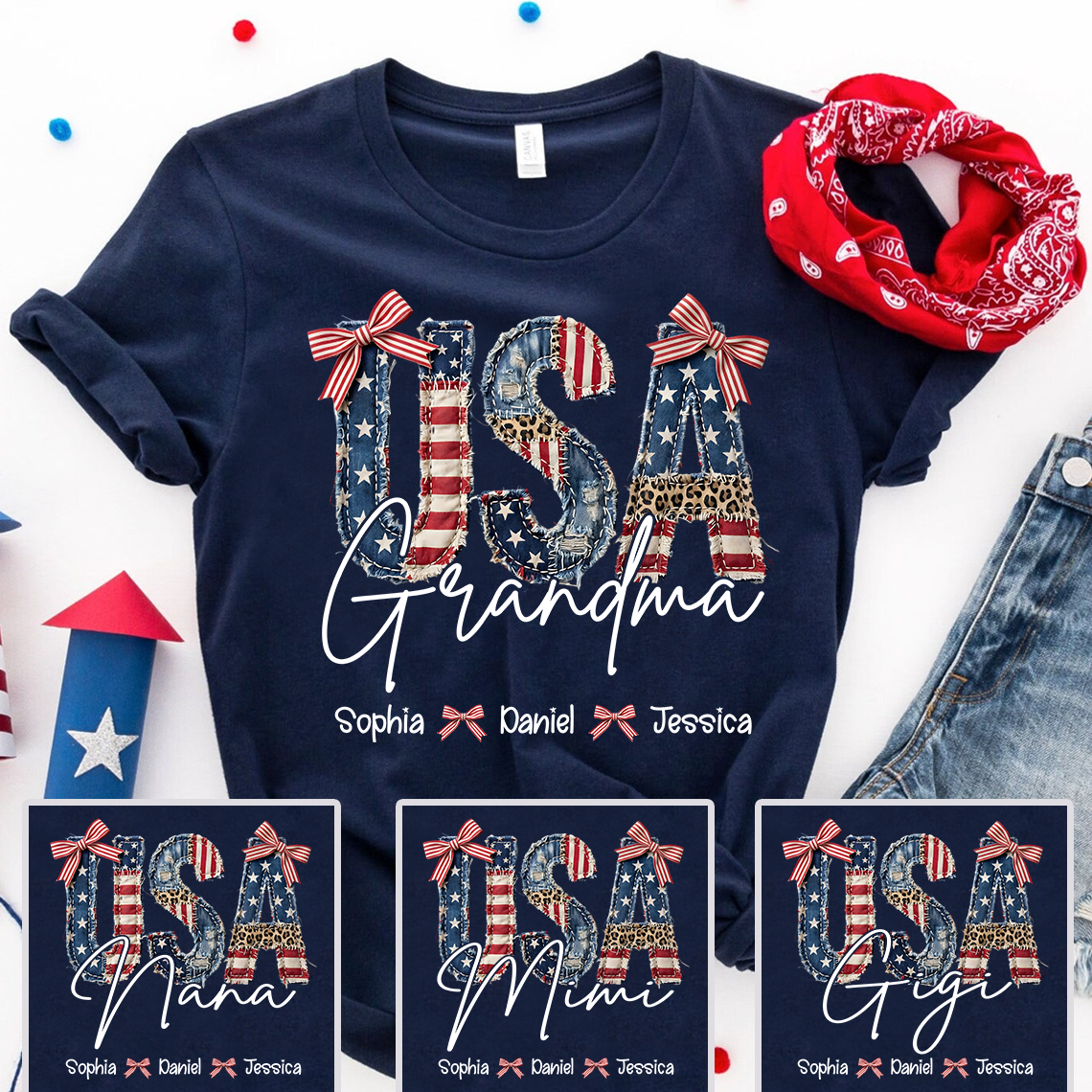 Custom Grandma T Shirt with Grandchildren Names Vintage USA Flag Patchwork Shirt Personalized Grandma Gift for Mom