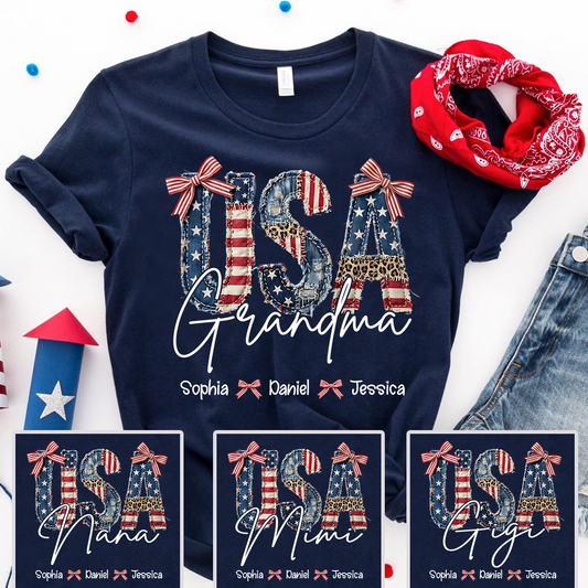 Custom Grandma T Shirt with Grandchildren Names Vintage USA Flag Patchwork Shirt Personalized Grandma Gift for Mom