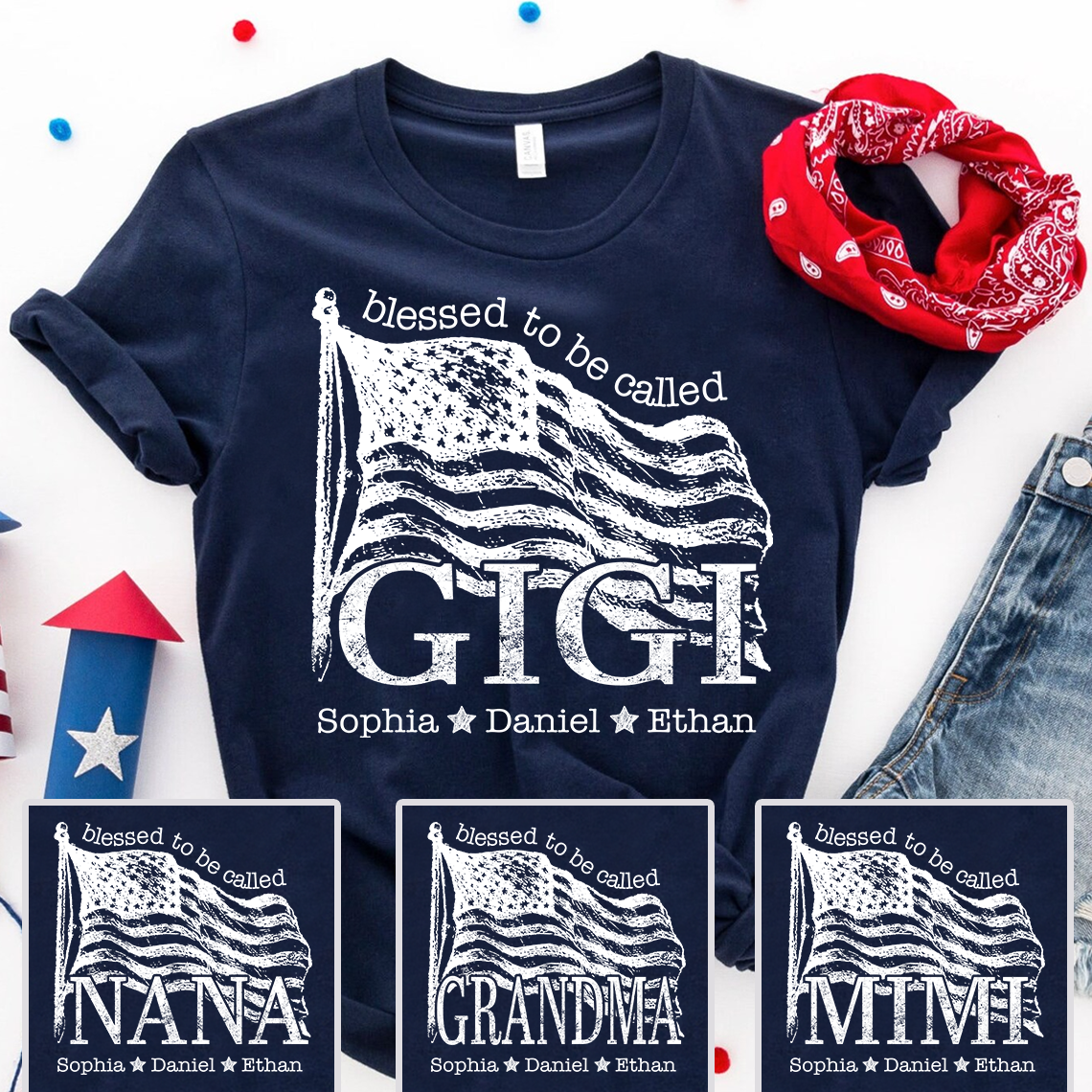 Blessed to Be Called Gigi T Shirt with American Flag, Custom Gift for Grandma, Personalized Family Shirt
