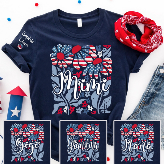 Custom Mimi Shirt with Patriotic Flowers and American Flag, Personalized Gift for Mom, Mother's Day T Shirt