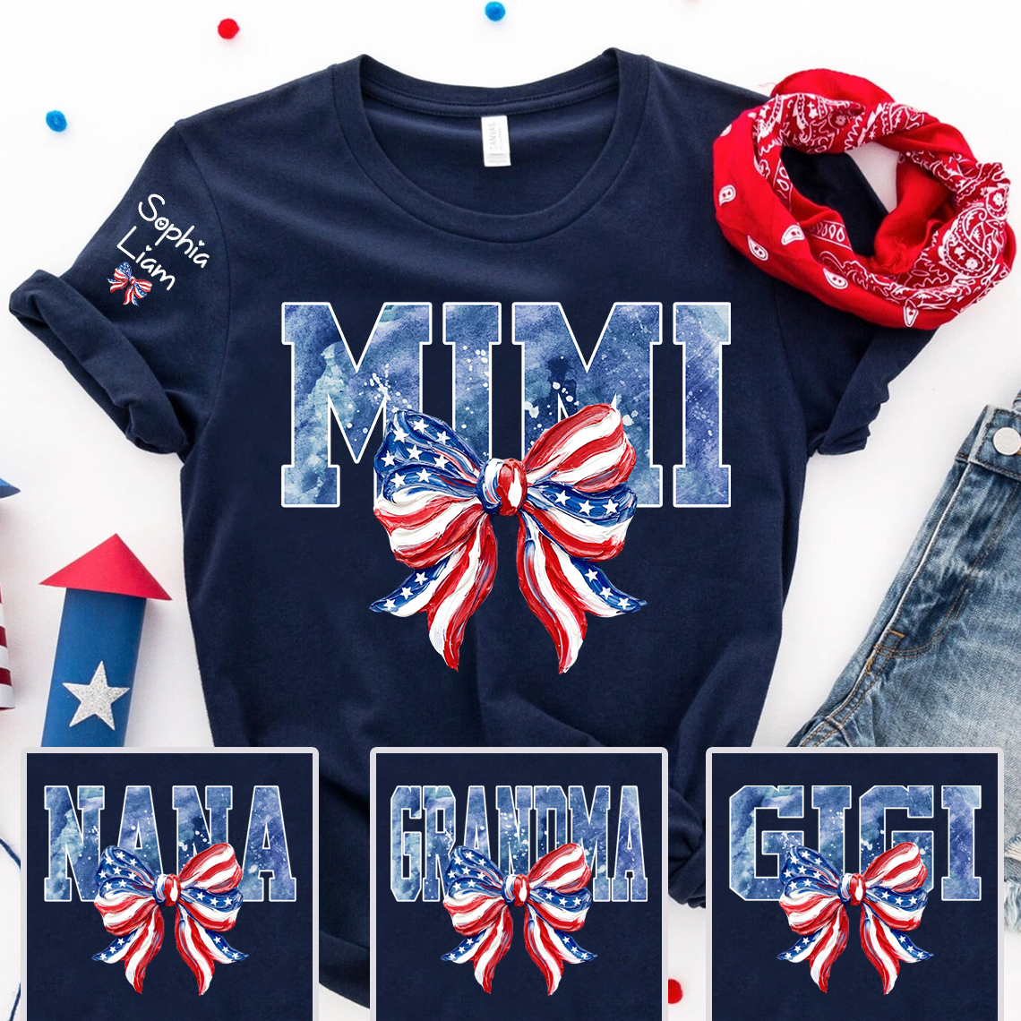 Custom Mimi Shirt with Sleeve Names, American Flag Bow Graphic Tee, Patriotic Grandma Independence Day Apparel