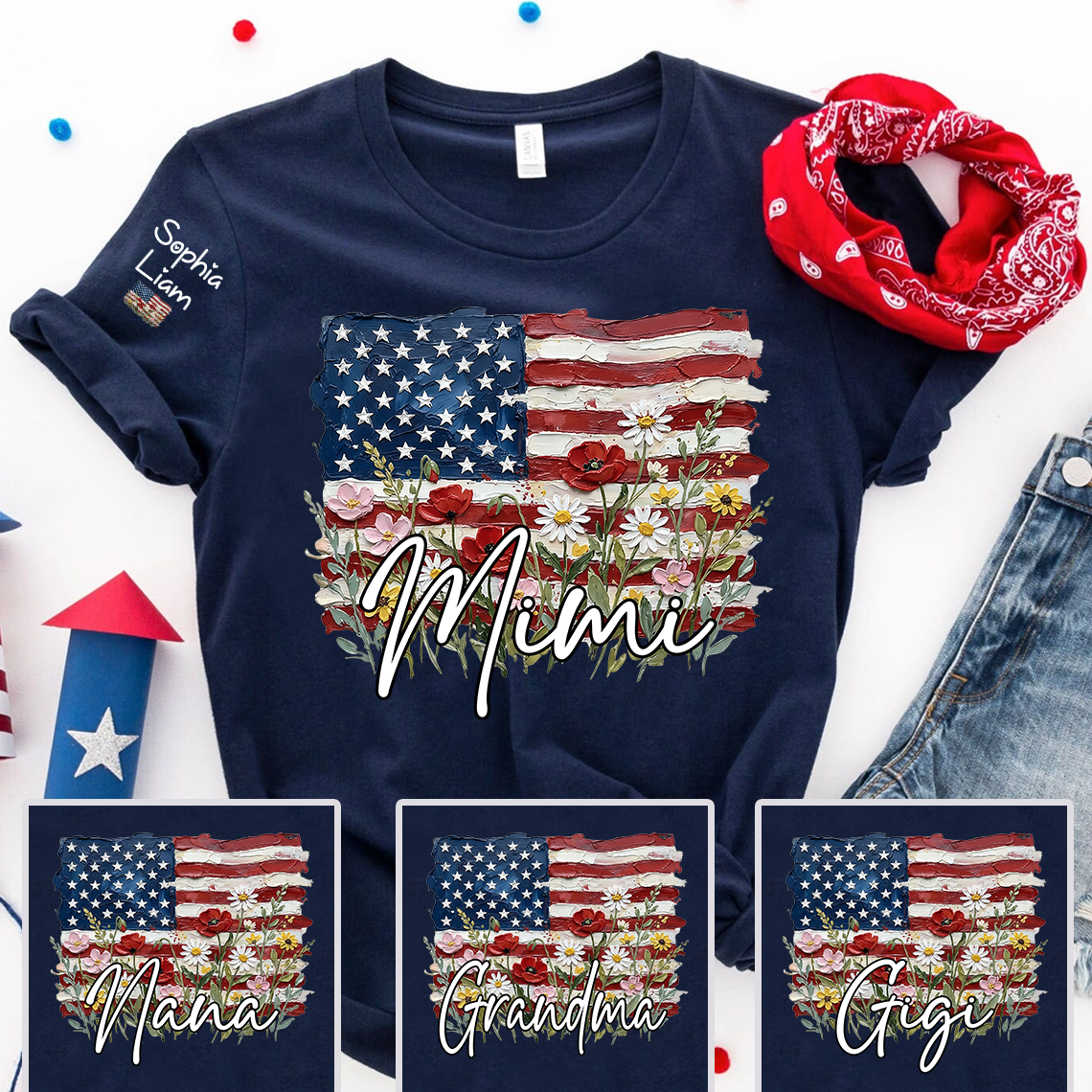 Personalized Mimi Shirt with American Flag Floral Design, Custom Grandma Name Tee, Family Gift Shirt