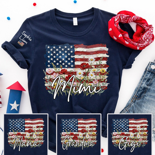 Personalized Mimi Shirt with American Flag Floral Design, Custom Grandma Name Tee, Family Gift Shirt