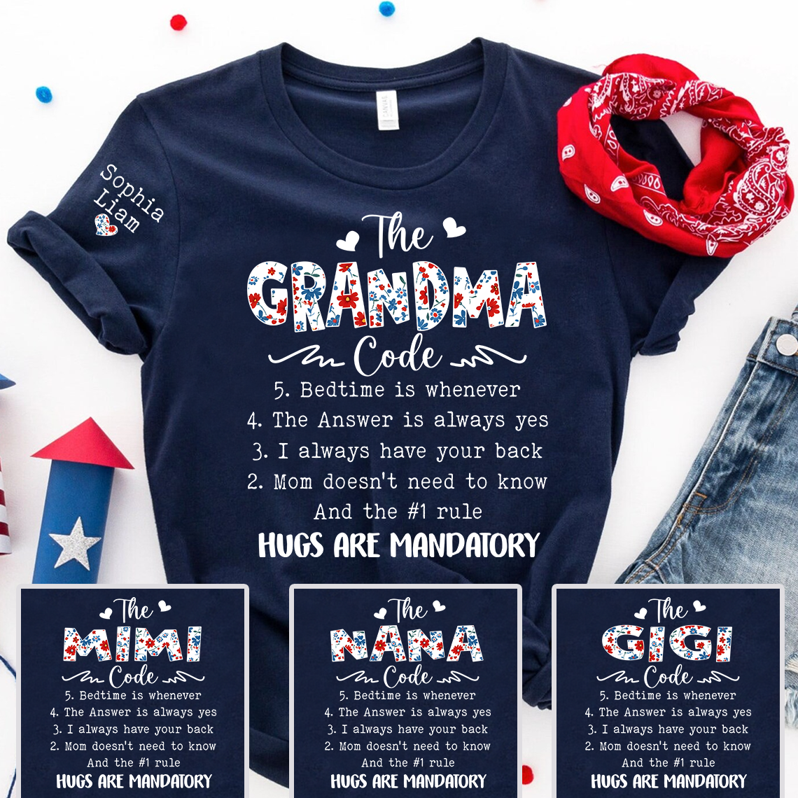 The Grandma Code T Shirt, Personalized Grandma Gift, Patriotic Design with Family Rules, Perfect for Mother’s Day, 4th of July Shirt