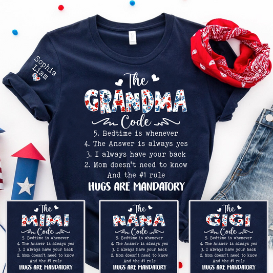 The Grandma Code T Shirt, Personalized Grandma Gift, Patriotic Design with Family Rules, Perfect for Mother’s Day, 4th of July Shirt