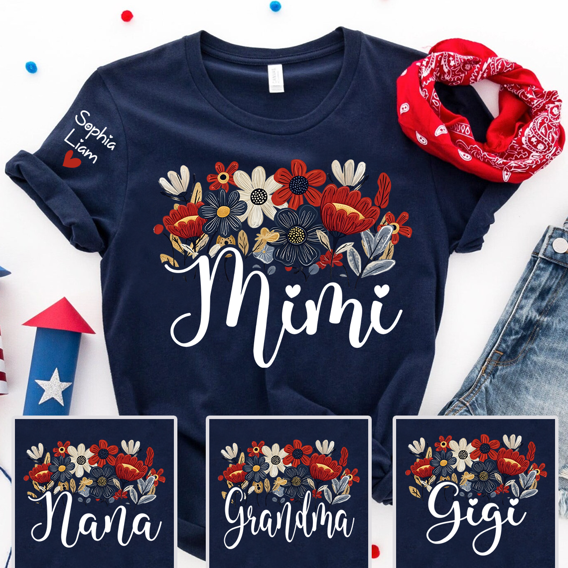 Personalized Grandma Mimi Shirt with Floral Design and Sleeve Names, 4th of July Shirt
