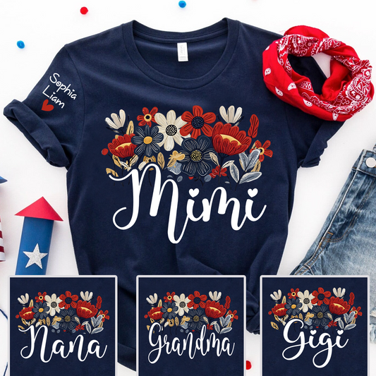 Personalized Grandma Mimi Shirt with Floral Design and Sleeve Names, 4th of July Shirt