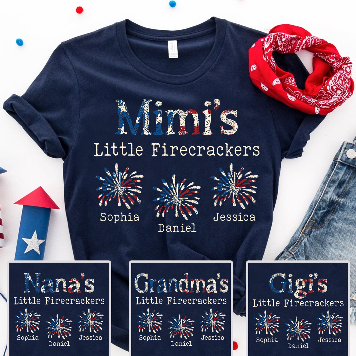 Personalized Mimi's Little Firecrackers Shirt with Kids Names, Custom Patriotic Family Tee, 4th of July Grandma Shirt for Women