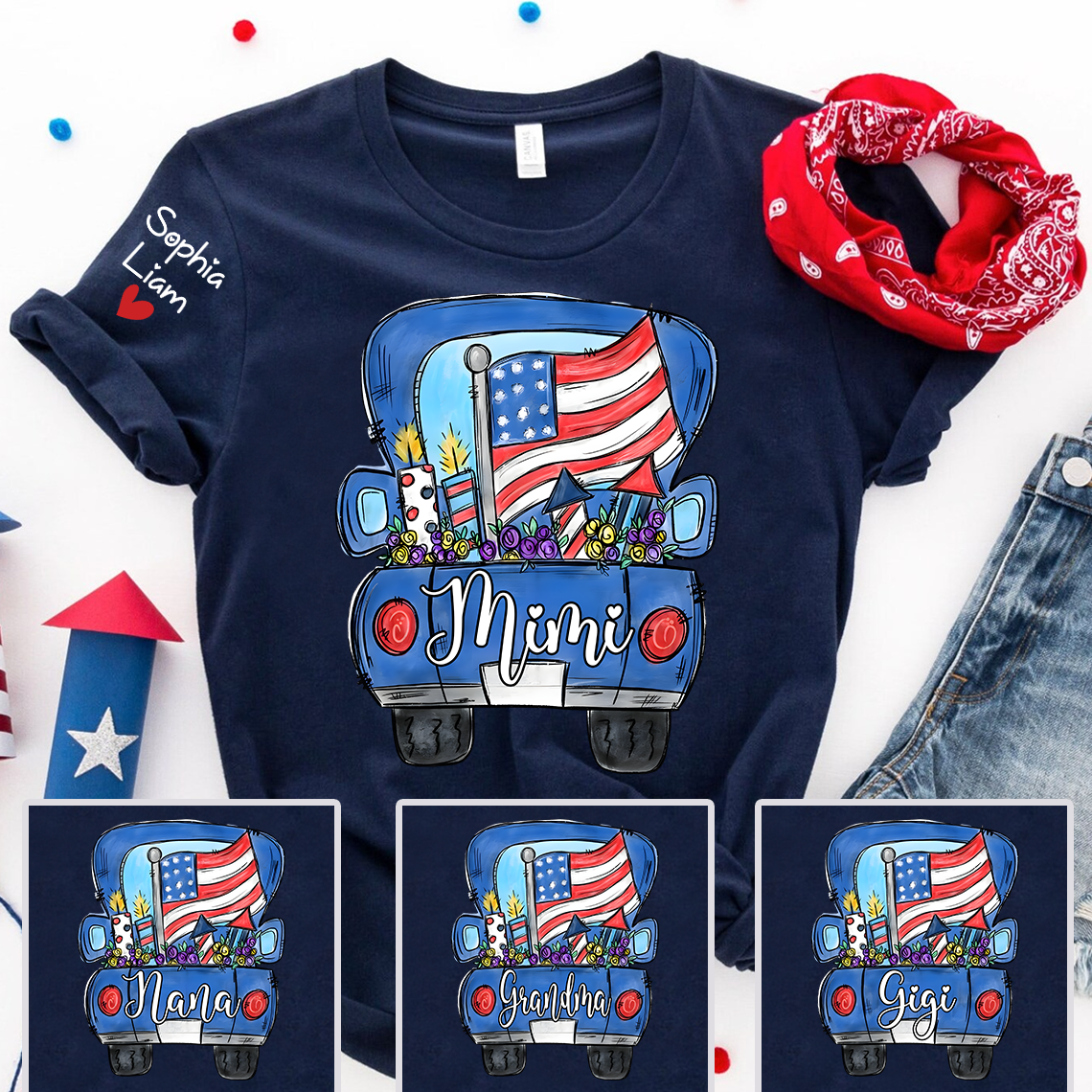 Mimi Shirt with Custom Names, Patriotic Pickup Truck Fireworks Graphic, Independence Day Family Matching Outfit
