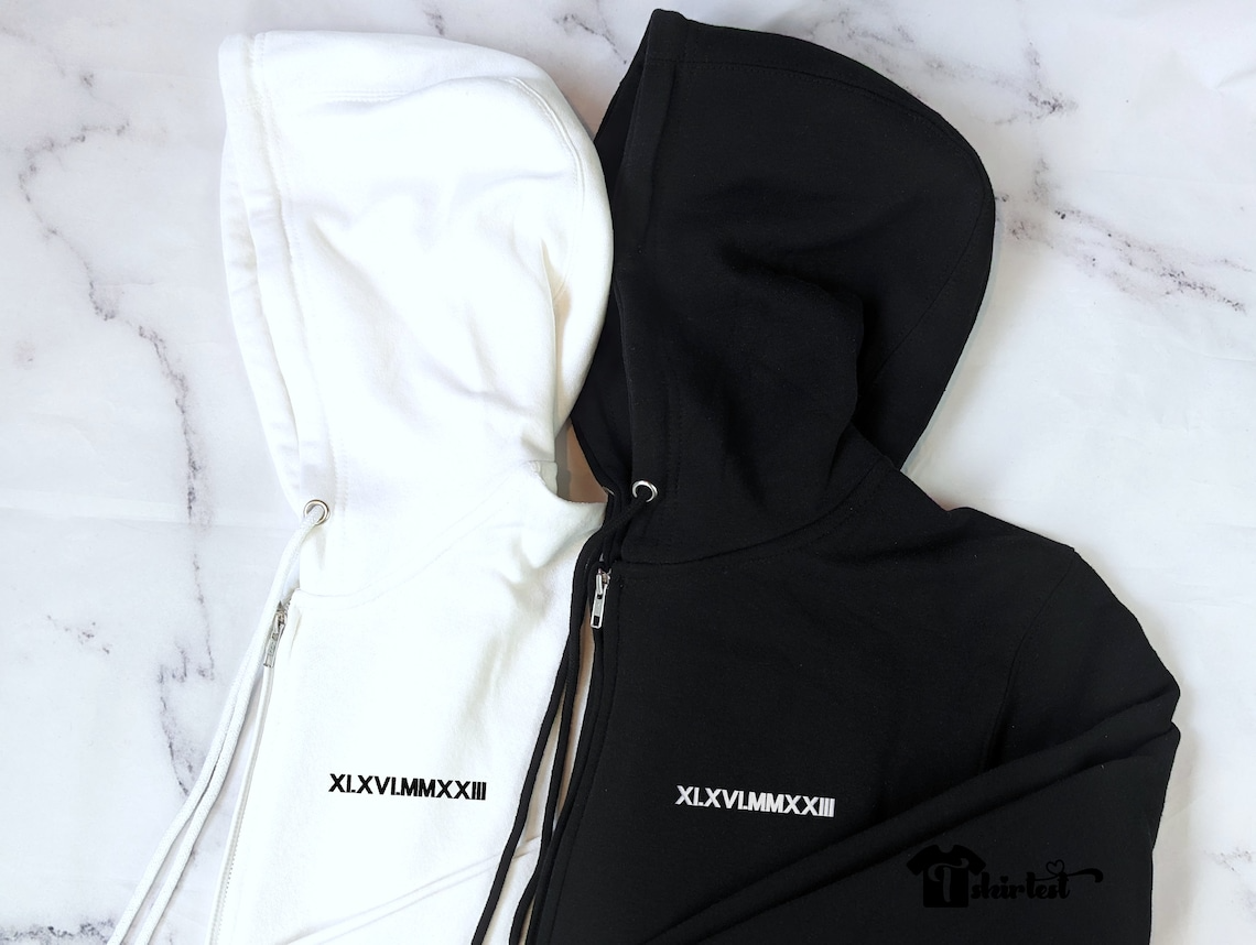 Custom Embroidered Zip Hoodie With Roman Numeral Date On Chest, Personalized Initials Heart On Sleeve, Couple Matching Full Zip Hoodie, Minimalist Anniversary Keepsake