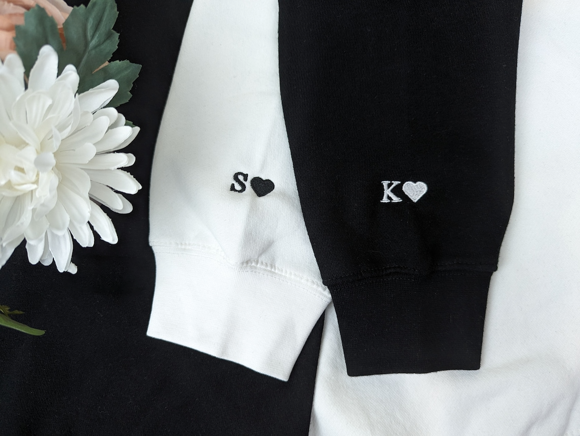 Custom Embroidered Zip Hoodie With Roman Numeral Date On Chest, Personalized Initials Heart On Sleeve, Couple Matching Full Zip Hoodie, Minimalist Anniversary Keepsake