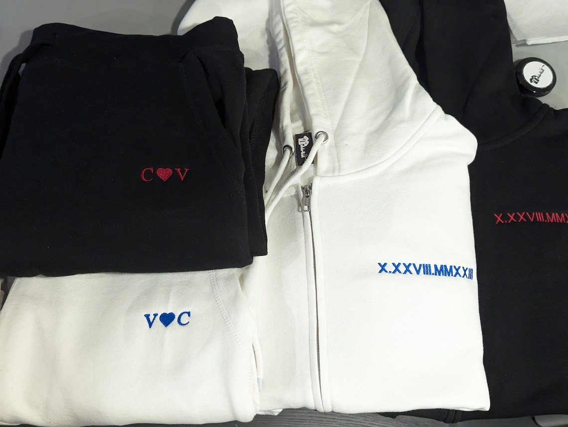 Custom Embroidered Zip Hoodie With Roman Numeral Date On Chest, Personalized Initials Heart On Sleeve, Couple Matching Full Zip Hoodie, Minimalist Anniversary Keepsake