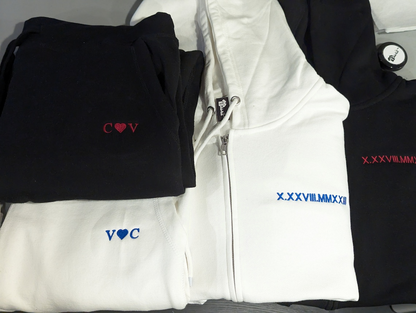 Custom Embroidered Zip Hoodie With Roman Numeral Date On Chest, Personalized Initials Heart On Sleeve, Couple Matching Full Zip Hoodie, Minimalist Anniversary Keepsake