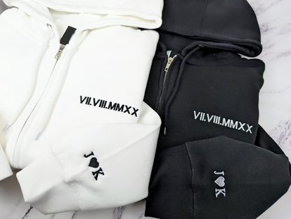 Custom Embroidered Zip Hoodie With Roman Numeral Date On Chest, Personalized Initials Heart On Sleeve, Couple Matching Full Zip Hoodie, Minimalist Anniversary Keepsake