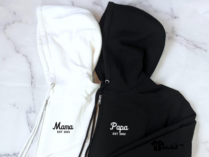 Personalized Grandpa Grandma Zip Hoodie Set With Names On Sleeves, Custom Embroidered Grandparents Matching Hoodies, Family Name Apparel Keepsake Est Year Design