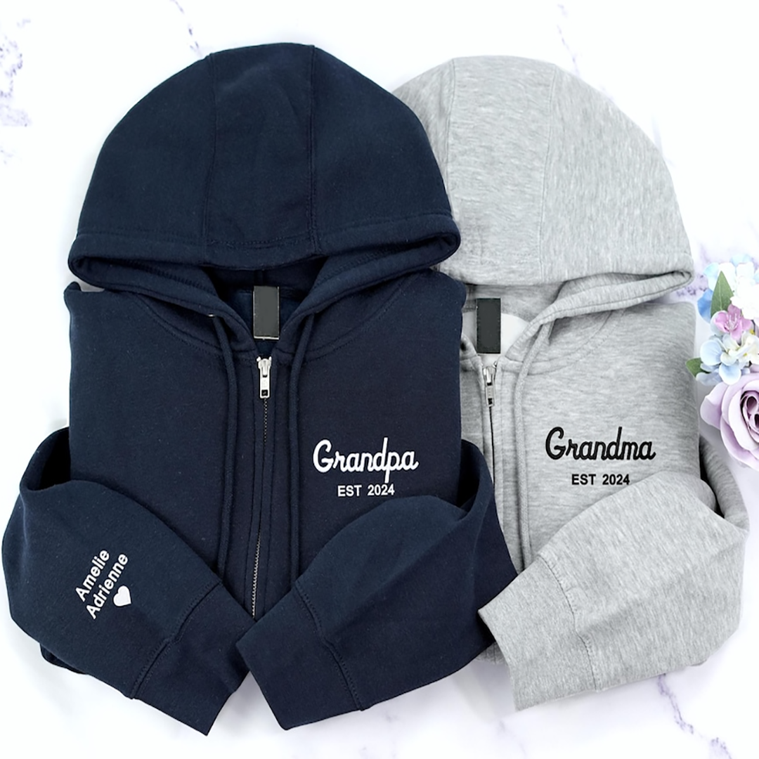 Personalized Grandpa Grandma Zip Hoodie Set With Names On Sleeves, Custom Embroidered Grandparents Matching Hoodies, Family Name Apparel Keepsake Est Year Design