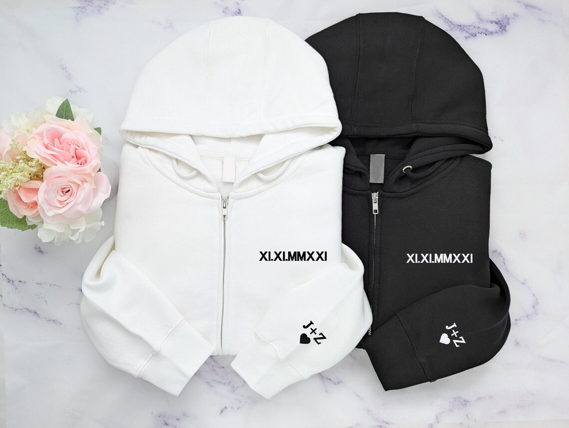 Custom Embroidered Zip Hoodie With Roman Numeral Date On Chest, Personalized Initials Heart On Sleeve, Couple Matching Full Zip Hoodie, Minimalist Anniversary Keepsake