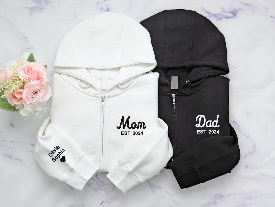 Personalized Grandpa Grandma Zip Hoodie Set With Names On Sleeves, Custom Embroidered Grandparents Matching Hoodies, Family Name Apparel Keepsake Est Year Design